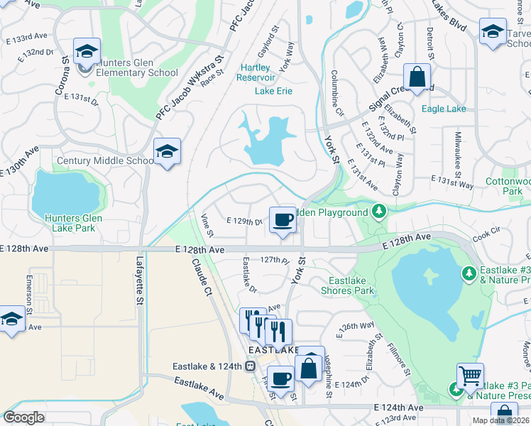 map of restaurants, bars, coffee shops, grocery stores, and more near 2162 East 129th Drive in Thornton