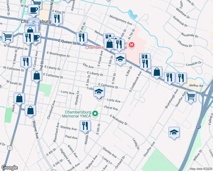 map of restaurants, bars, coffee shops, grocery stores, and more near 606 East Catherine Street in Chambersburg