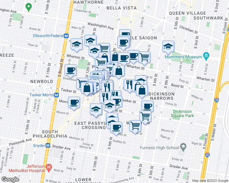 map of restaurants, bars, coffee shops, grocery stores, and more near 910 Greenwich Street in Philadelphia