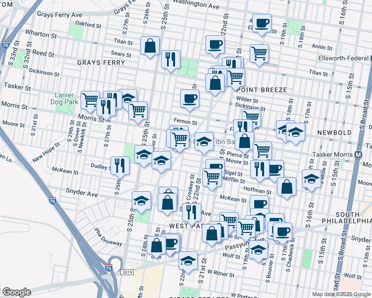 map of restaurants, bars, coffee shops, grocery stores, and more near 2235 Moore Street in Philadelphia