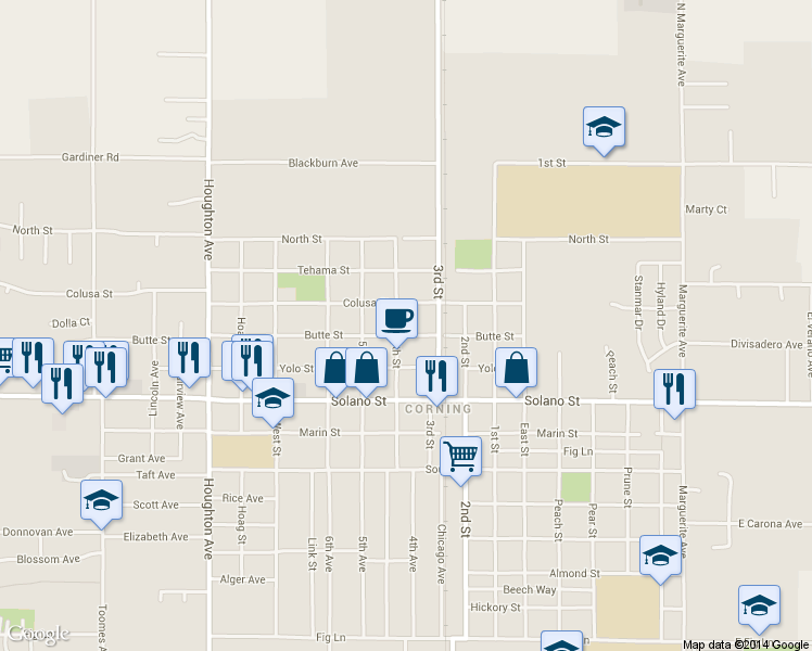 map of restaurants, bars, coffee shops, grocery stores, and more near 1122 Butte Street in Corning