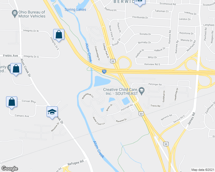 map of restaurants, bars, coffee shops, grocery stores, and more near 2354 Waterfall Lane in Columbus