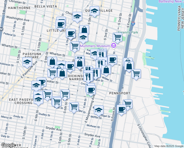 map of restaurants, bars, coffee shops, grocery stores, and more near 336 Gerritt Street in Philadelphia