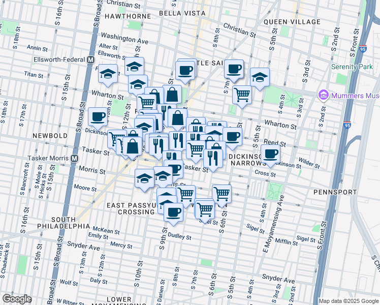map of restaurants, bars, coffee shops, grocery stores, and more near 811 Greenwich Street in Philadelphia