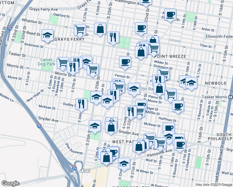 map of restaurants, bars, coffee shops, grocery stores, and more near 2328 Moore Street in Philadelphia