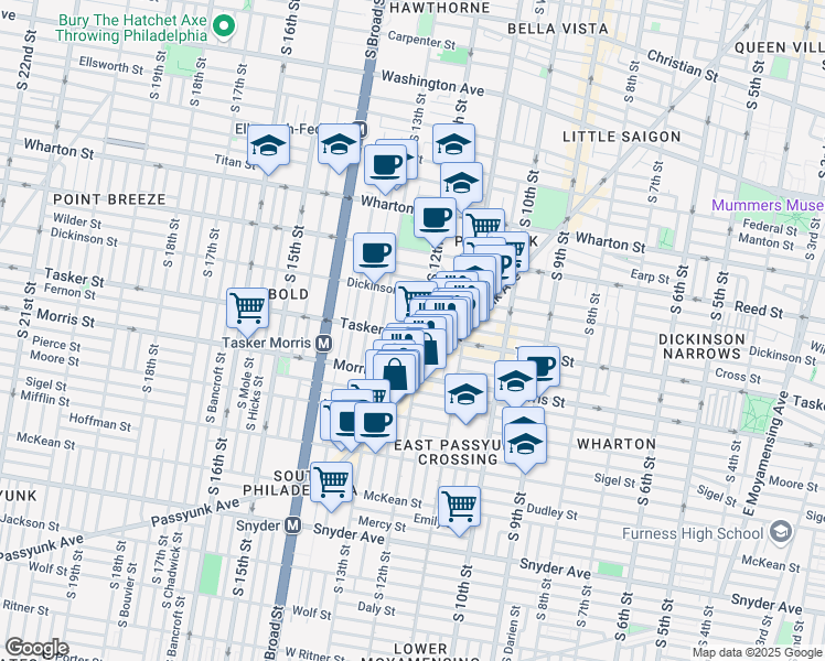 map of restaurants, bars, coffee shops, grocery stores, and more near 1213 Tasker Street in Philadelphia