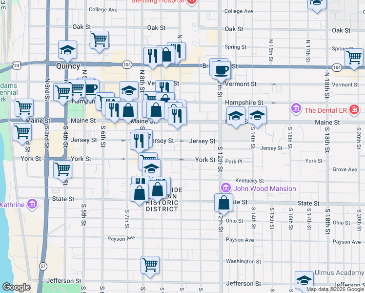 map of restaurants, bars, coffee shops, grocery stores, and more near 213 South 10th Street in Quincy