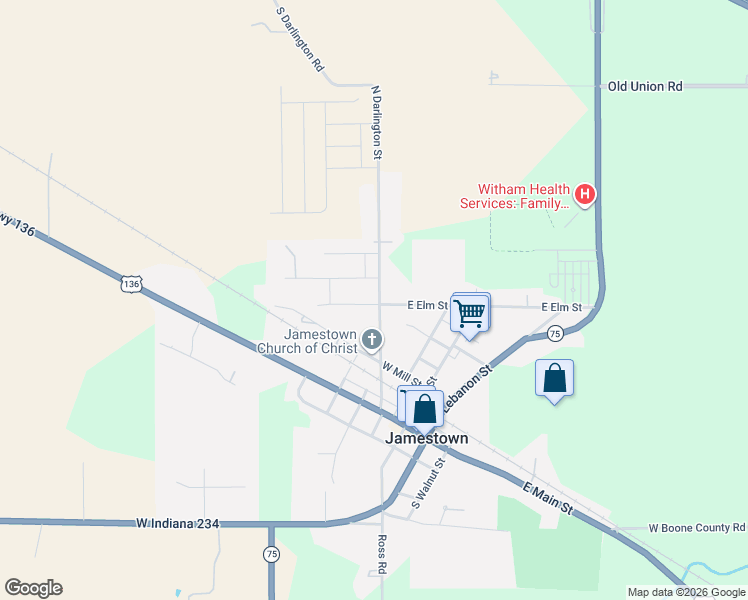 map of restaurants, bars, coffee shops, grocery stores, and more near 406 North Darlington Street in Jamestown