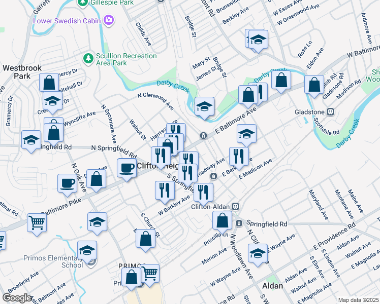 map of restaurants, bars, coffee shops, grocery stores, and more near 136 East Baltimore Avenue in Clifton Heights
