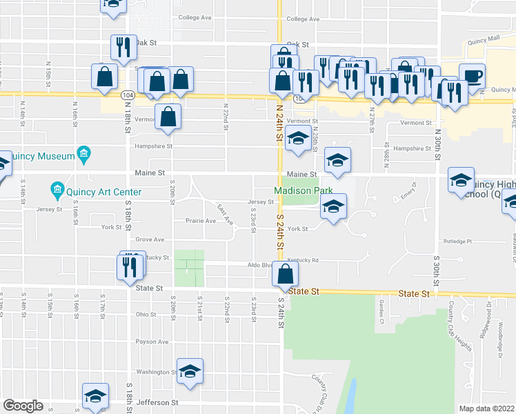 map of restaurants, bars, coffee shops, grocery stores, and more near 201 South 23rd Street in Quincy