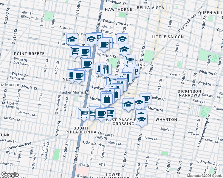 map of restaurants, bars, coffee shops, grocery stores, and more near 1600 South 12th Street in Philadelphia