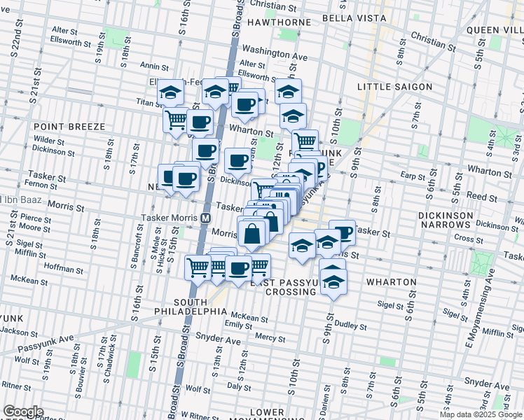 map of restaurants, bars, coffee shops, grocery stores, and more near 1213 Tasker Street in Philadelphia