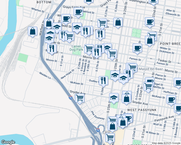 map of restaurants, bars, coffee shops, grocery stores, and more near 1824 S Etting St in Philadelphia
