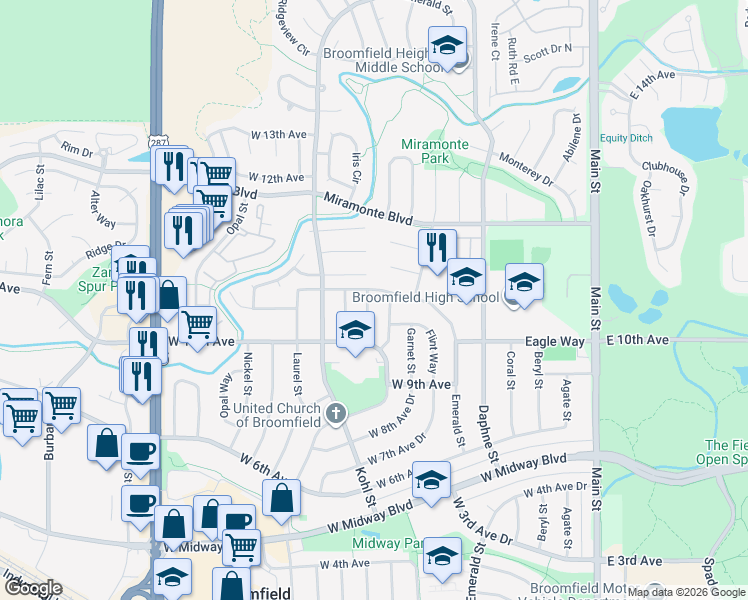 map of restaurants, bars, coffee shops, grocery stores, and more near 1075 Hemlock Way in Broomfield