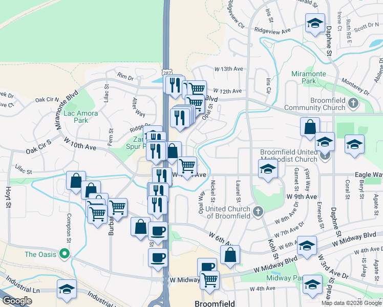 map of restaurants, bars, coffee shops, grocery stores, and more near 1050 Opal Street in Broomfield