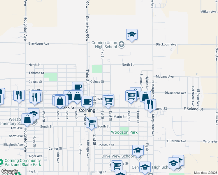 map of restaurants, bars, coffee shops, grocery stores, and more near 565 1st St in Corning