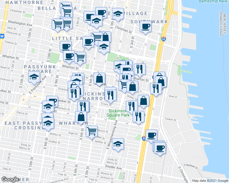 map of restaurants, bars, coffee shops, grocery stores, and more near 336 Gerritt Street in Philadelphia