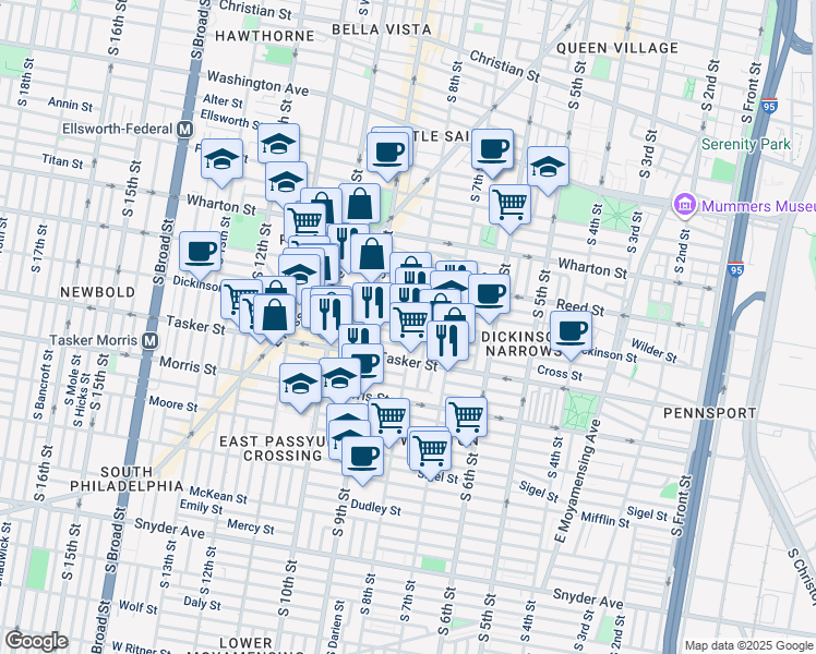 map of restaurants, bars, coffee shops, grocery stores, and more near 1506 South 8th Street in Philadelphia