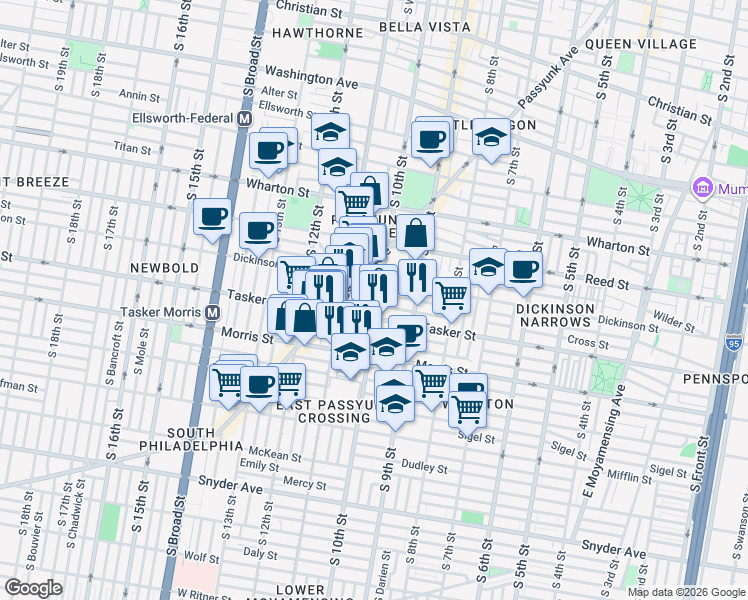 map of restaurants, bars, coffee shops, grocery stores, and more near in Philadelphia