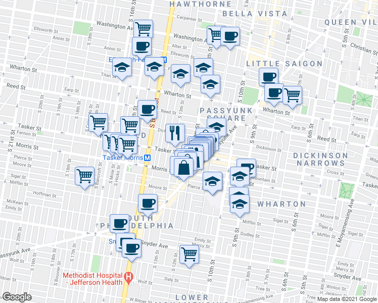 map of restaurants, bars, coffee shops, grocery stores, and more near 1600 South 12th Street in Philadelphia