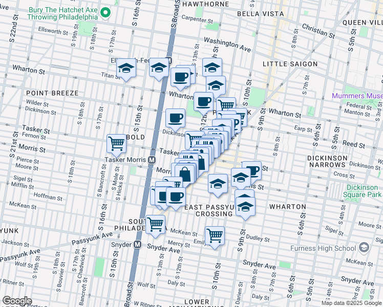 map of restaurants, bars, coffee shops, grocery stores, and more near 1600 South 12th Street in Philadelphia