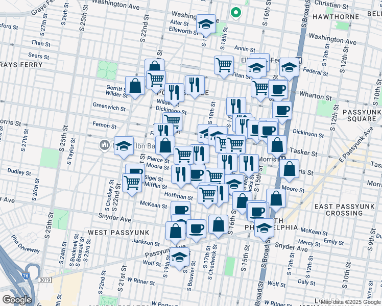 map of restaurants, bars, coffee shops, grocery stores, and more near 1810 Morris Street in Philadelphia