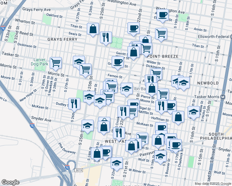 map of restaurants, bars, coffee shops, grocery stores, and more near 2235 Moore Street in Philadelphia