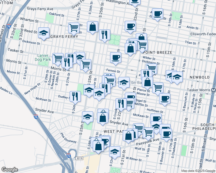 map of restaurants, bars, coffee shops, grocery stores, and more near 2328 Moore Street in Philadelphia