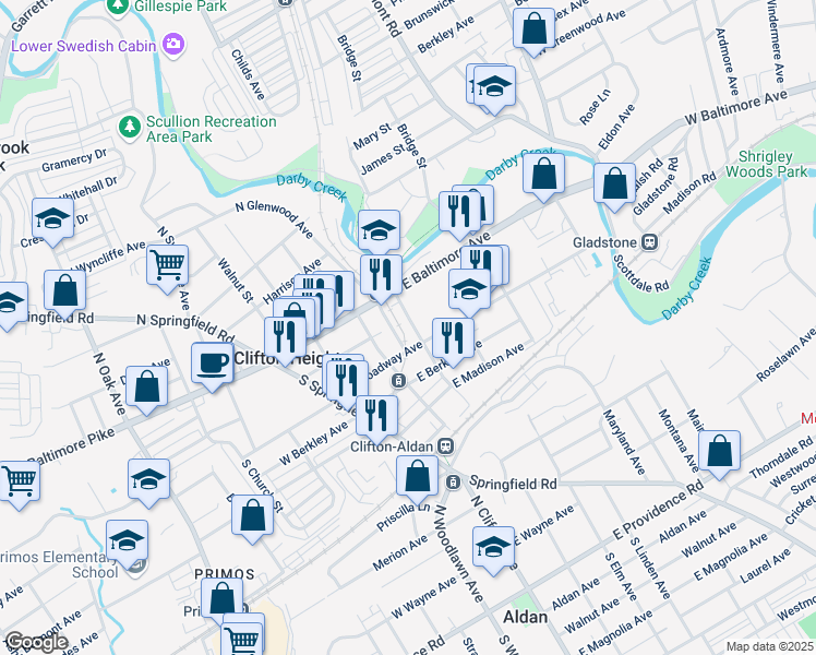 map of restaurants, bars, coffee shops, grocery stores, and more near 201 East Broadway Avenue in Clifton Heights