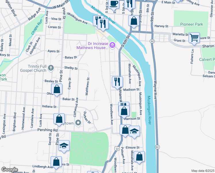 map of restaurants, bars, coffee shops, grocery stores, and more near 559 Woodlawn Avenue in Zanesville