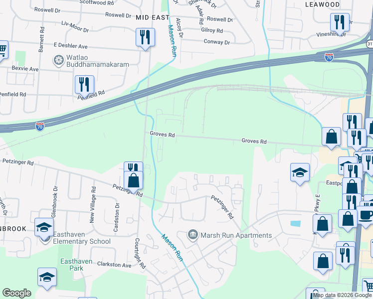 map of restaurants, bars, coffee shops, grocery stores, and more near 3985 Groves Road in Columbus