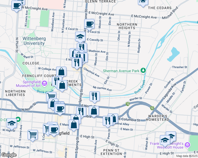 map of restaurants, bars, coffee shops, grocery stores, and more near 338 East College Avenue in Springfield