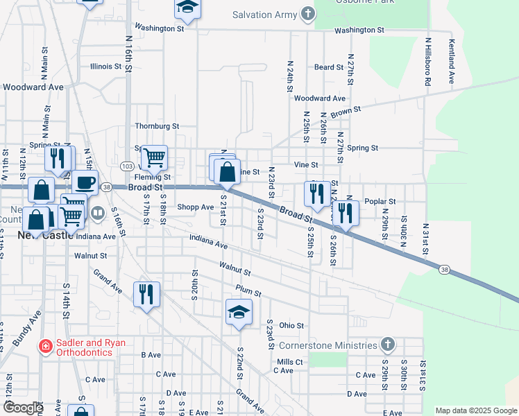 map of restaurants, bars, coffee shops, grocery stores, and more near 2280 Shopp Avenue in New Castle