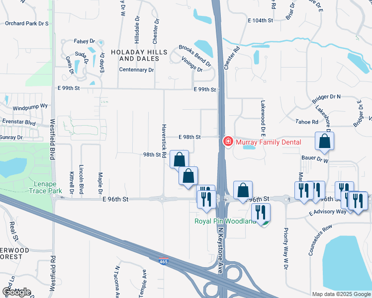map of restaurants, bars, coffee shops, grocery stores, and more near 2542 Pleasant Way West in Indianapolis