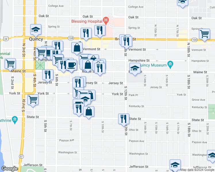 map of restaurants, bars, coffee shops, grocery stores, and more near 213 South 10th Street in Quincy