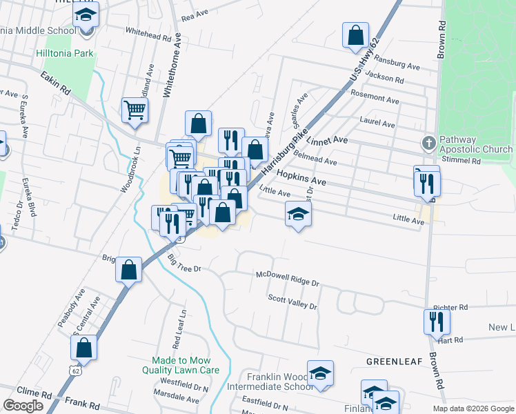 map of restaurants, bars, coffee shops, grocery stores, and more near 2006 Arden Forest Lane in Columbus