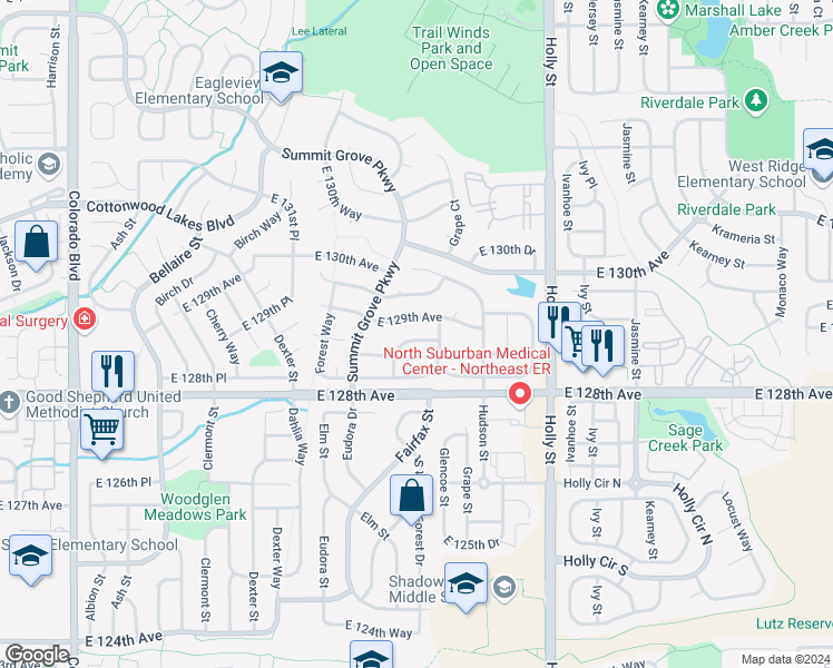 map of restaurants, bars, coffee shops, grocery stores, and more near 5353 East 128th Circle in Thornton