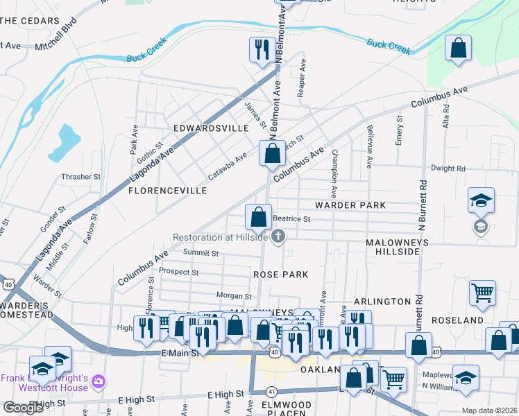 map of restaurants, bars, coffee shops, grocery stores, and more near 705 N Belmont Ave in Springfield