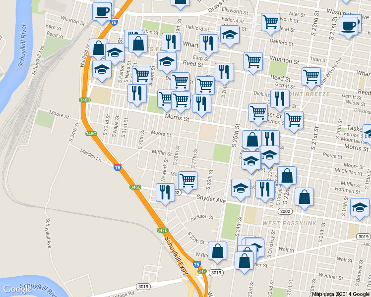 map of restaurants, bars, coffee shops, grocery stores, and more near 1824 S Etting St in Philadelphia