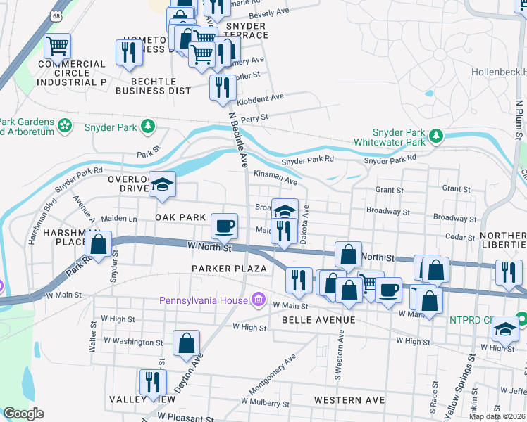 map of restaurants, bars, coffee shops, grocery stores, and more near 1323 Broadway Street in Springfield