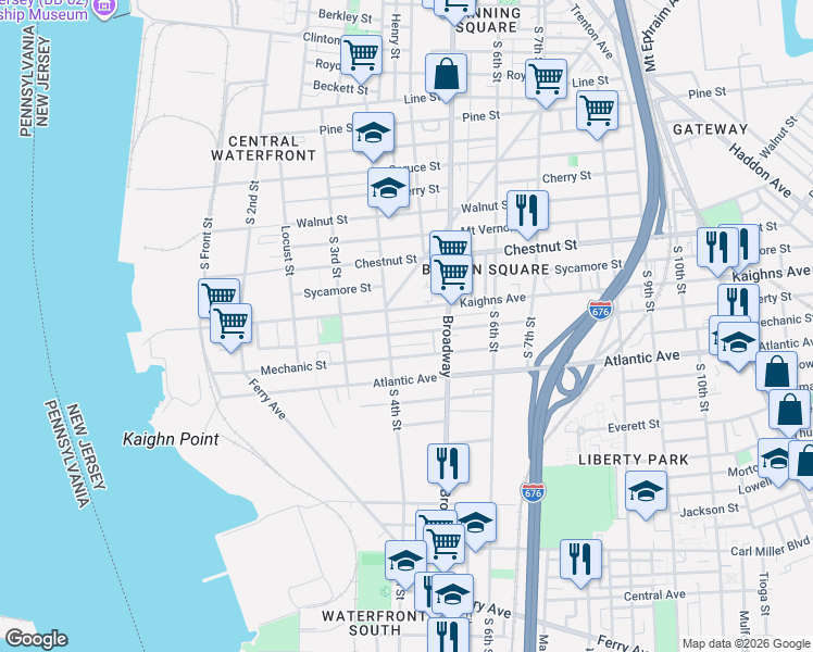 map of restaurants, bars, coffee shops, grocery stores, and more near 405 Liberty Street in Camden