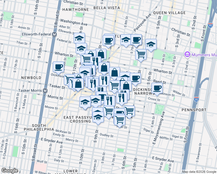 map of restaurants, bars, coffee shops, grocery stores, and more near 824 Greenwich Street in Philadelphia