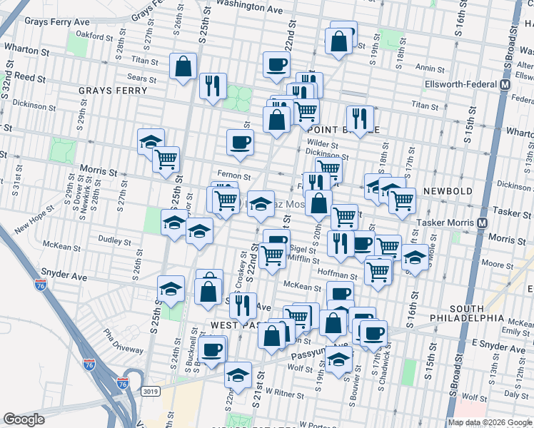 map of restaurants, bars, coffee shops, grocery stores, and more near 2144 Pierce Street in Philadelphia
