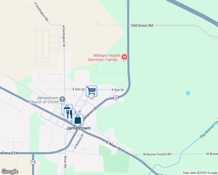 map of restaurants, bars, coffee shops, grocery stores, and more near 304 East Elm Street in Jamestown