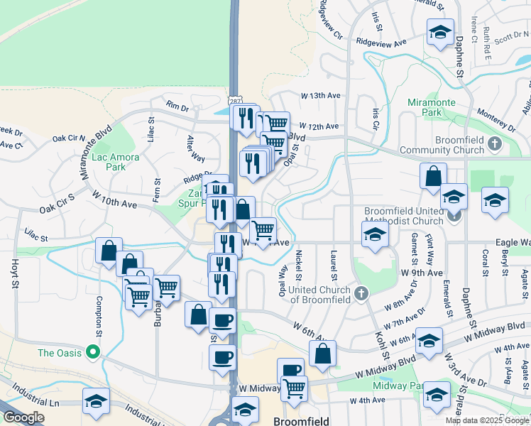 map of restaurants, bars, coffee shops, grocery stores, and more near 1050 Opal Street in Broomfield