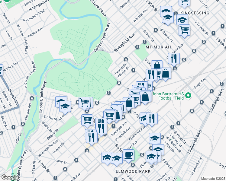 map of restaurants, bars, coffee shops, grocery stores, and more near 6146 Kingsessing Avenue in Philadelphia