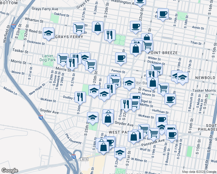 map of restaurants, bars, coffee shops, grocery stores, and more near 2347 Moore Street in Philadelphia