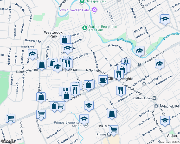 map of restaurants, bars, coffee shops, grocery stores, and more near 138 North Church Street in Clifton Heights