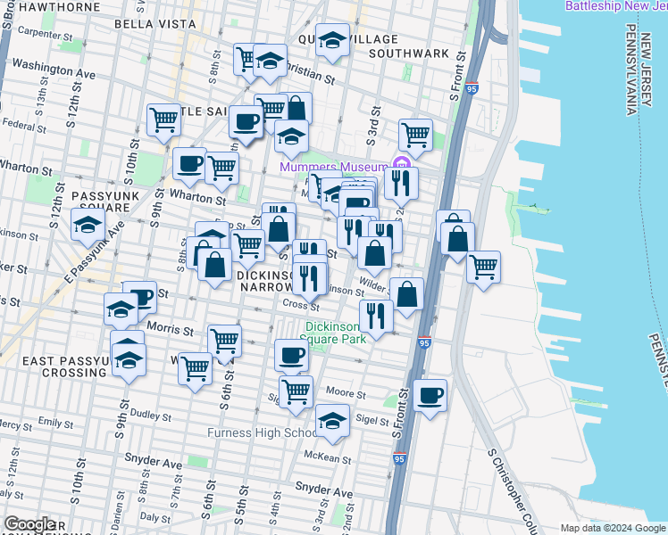 map of restaurants, bars, coffee shops, grocery stores, and more near 325 Gerritt Street in Philadelphia