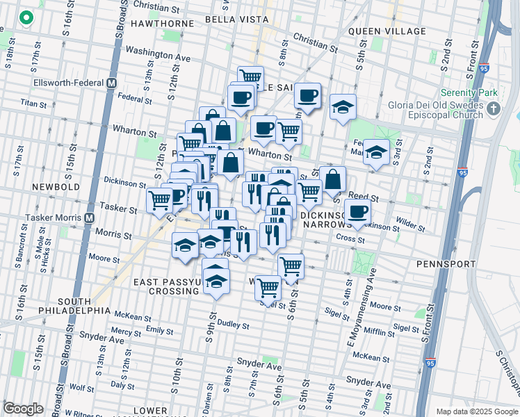 map of restaurants, bars, coffee shops, grocery stores, and more near 1503 South 8th Street in Philadelphia